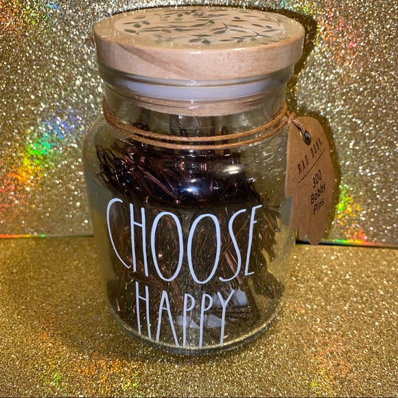 🚩SOLD🚩Rae Dunn CHOOSE HAPPY glass canister with Bobby pins - NEW - Picture 2 of 5